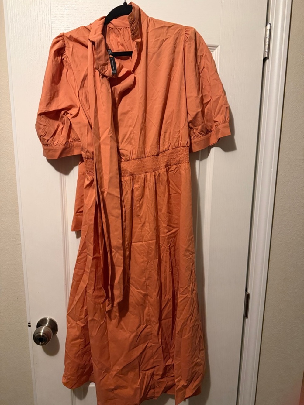 New York & Company Orange Tie-Neck Puff Sleeve Midi Dress